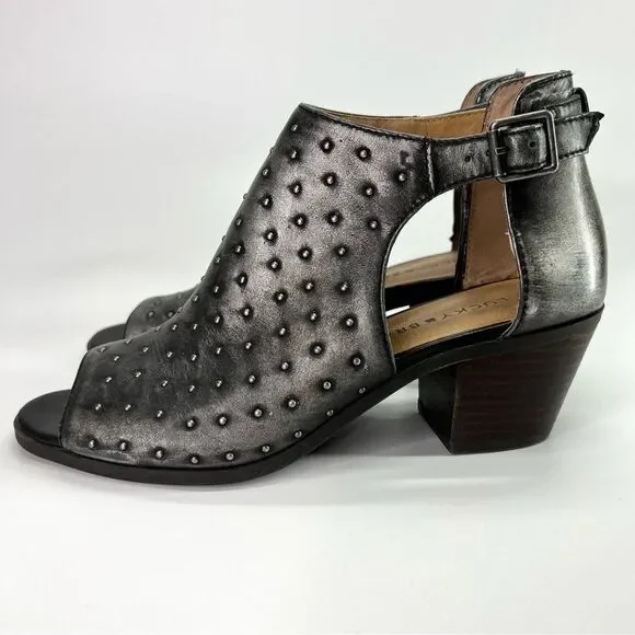 Lucky Brand Barimo Open Toe Studded Leather Booties 7.5 Metallic Grey - Picture 1 of 16